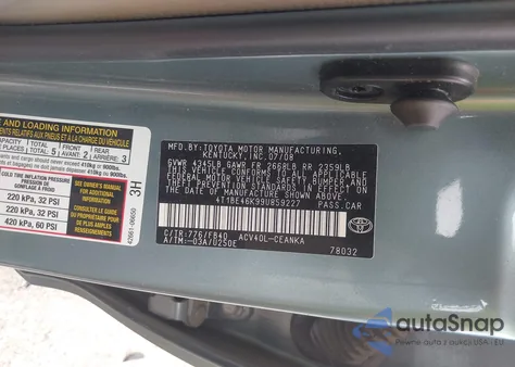 2009 Toyota Camry Le z USA, uszkodzony, nr VIN 4T1BE46K99U859227